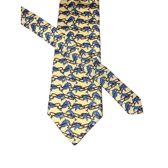 Brooks Brothers Yellow Dolphin Print Handmade 100% Silk Neck Tie - Picture 1 of 5